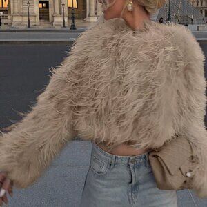 Light Brown Casual Women's Crew Neck Long Haired Coat